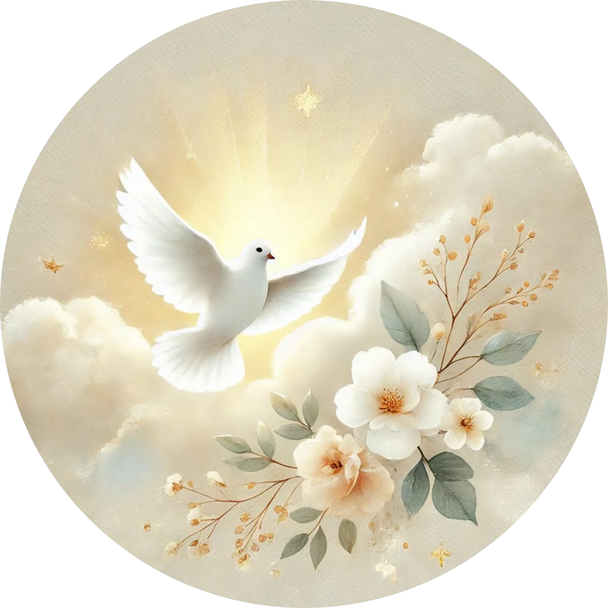 Taube mit Blumen schwebend vor Wolken und einem goldenen Glanz