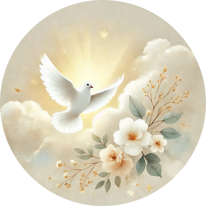 Taube mit Blumen schwebend vor Wolken und einem goldenen Glanz