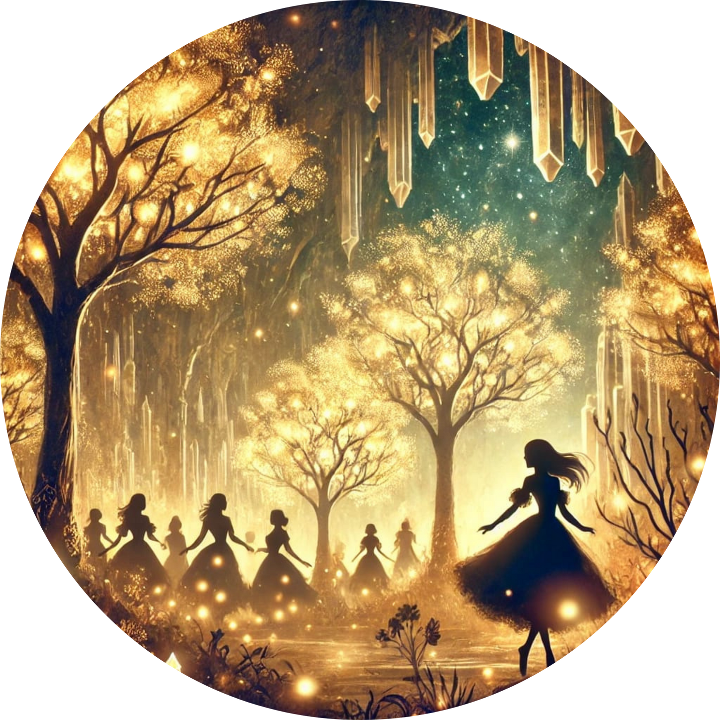 Tanzende Schattenfiguren im goldenen Zauberwald