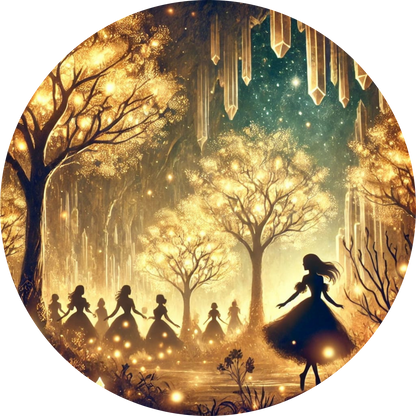 Tanzende Schattenfiguren im goldenen Zauberwald