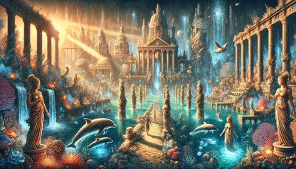 Atlantis – Goldene Unterwasserwelt
Fantastische Unterwasserszene mit leuchtenden Korallen, antiken Säulen und Lichtstrahlen, die auf eine prachtvolle Tempelstadt scheinen – Atlantis in mystischer Stimmung.