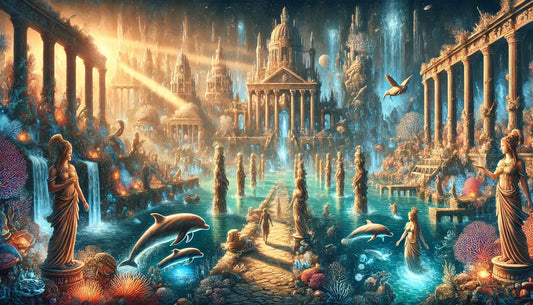 Atlantis – Goldene Unterwasserwelt
Fantastische Unterwasserszene mit leuchtenden Korallen, antiken Säulen und Lichtstrahlen, die auf eine prachtvolle Tempelstadt scheinen – Atlantis in mystischer Stimmung.