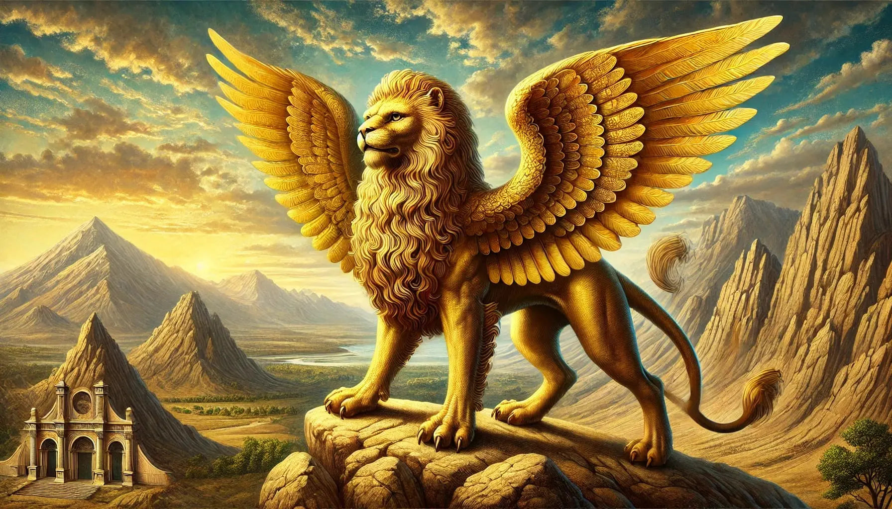 Greifenwesen in goldener Wüste – Mystisches Wesen mit Löwenkörper und Adlerflügeln steht stolz vor antiker Tempelarchitektur.