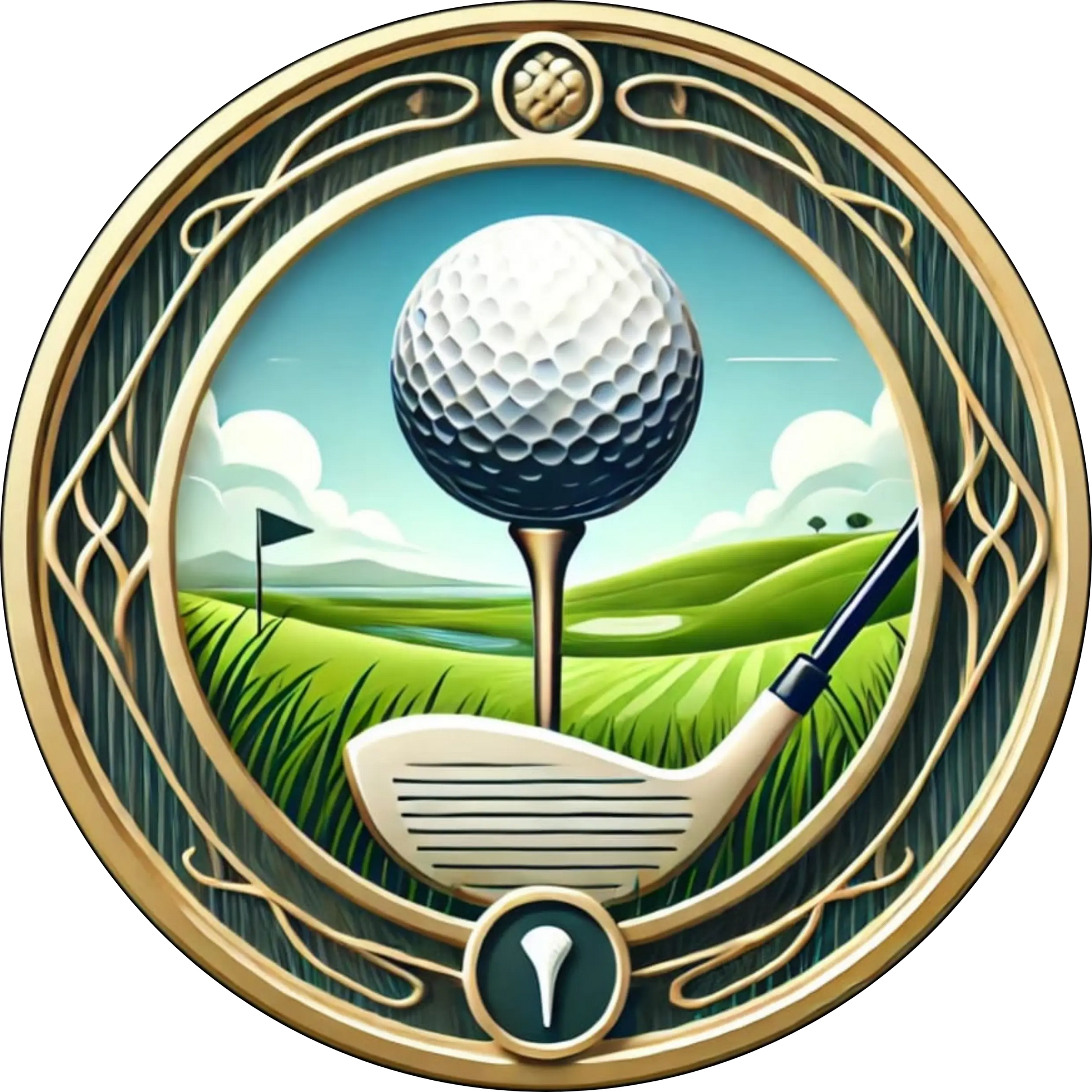 Golfball auf gepflegtem Grün mit Pokalemblem
Sportliches Golfmotiv mit stilisiertem Pokal, Golfschläger und Ball auf sattgrünem Rasen – ideal für Golffans.