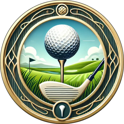 Golfball auf gepflegtem Grün mit Pokalemblem
Sportliches Golfmotiv mit stilisiertem Pokal, Golfschläger und Ball auf sattgrünem Rasen – ideal für Golffans.
