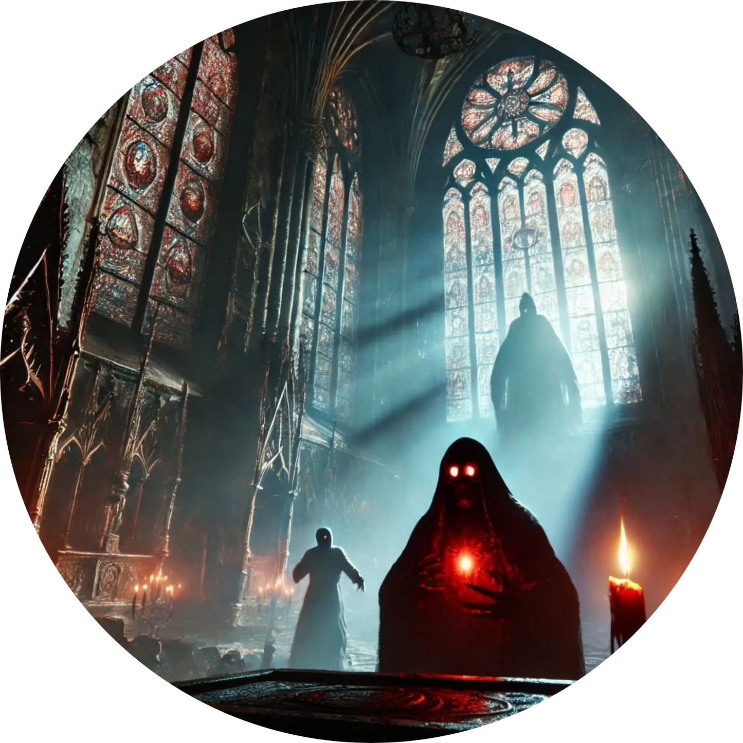 Gestalt in dunklem Umhang betritt gotische Kathedrale mit Licht von oben
