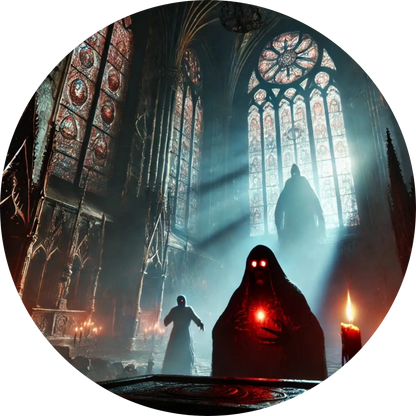 Gestalt in dunklem Umhang betritt gotische Kathedrale mit Licht von oben
