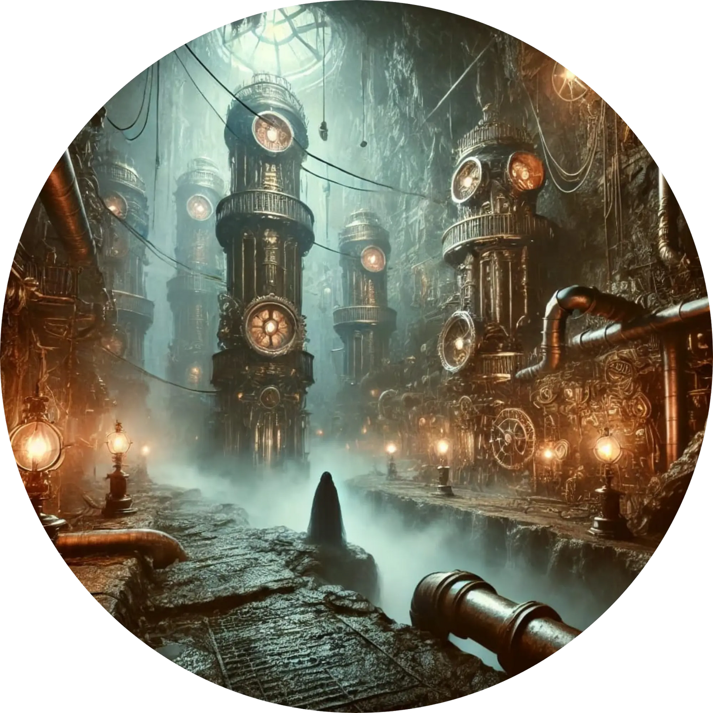 Gotischer Turm mit düsterem Licht und mechanischen Elementen