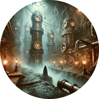 Gotischer Turm mit düsterem Licht und mechanischen Elementen