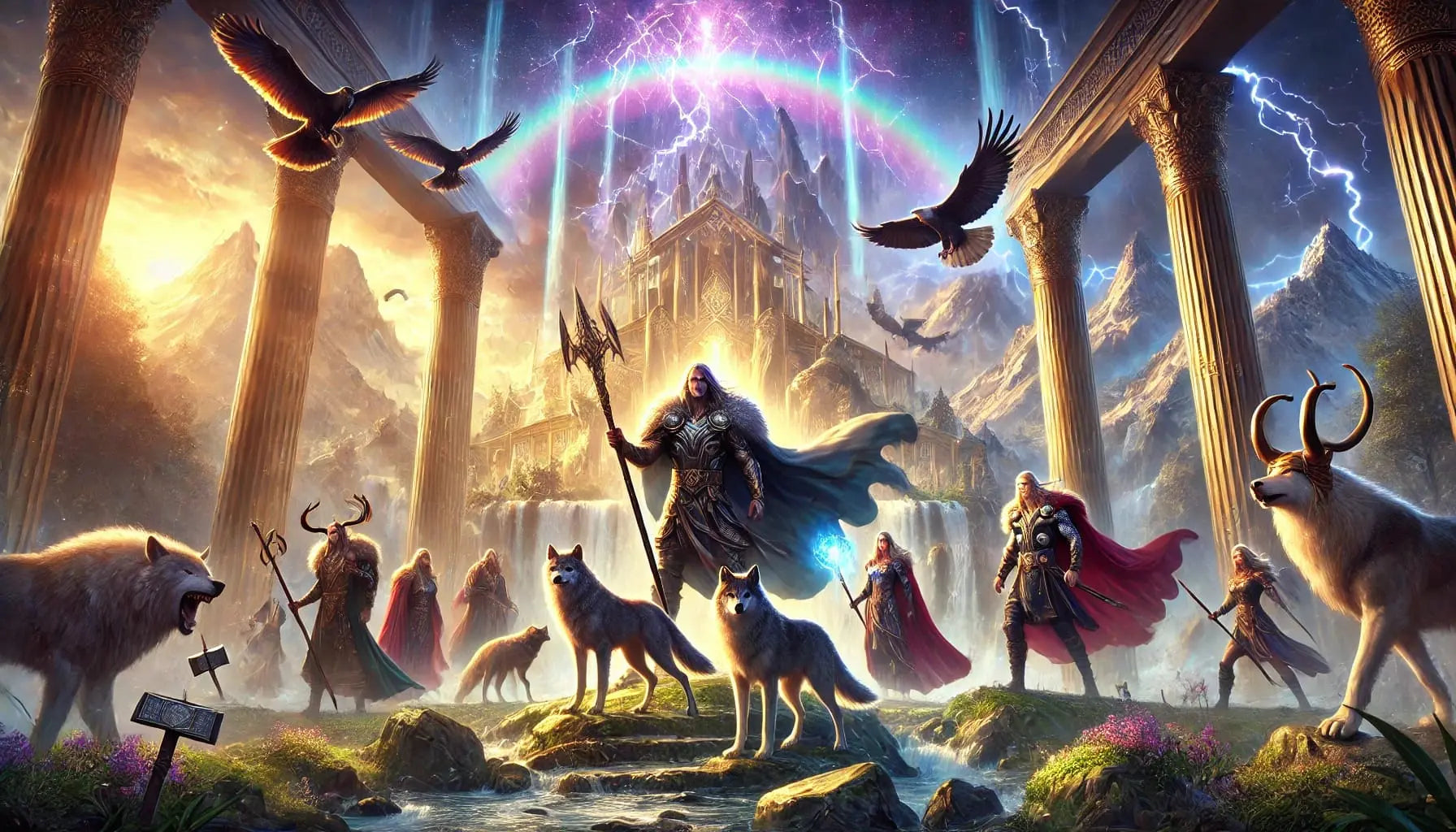 Versammlung nordischer Gottheiten vor einer majestätischen Götterhalle, eingerahmt von Regenbogen, Blitzen und monumentalen Säulen. Odin steht im Zentrum mit Speer und Wölfen, Thor mit Hammer zur Seite – ein episches Götterbild aus der nordischen Mythologie.