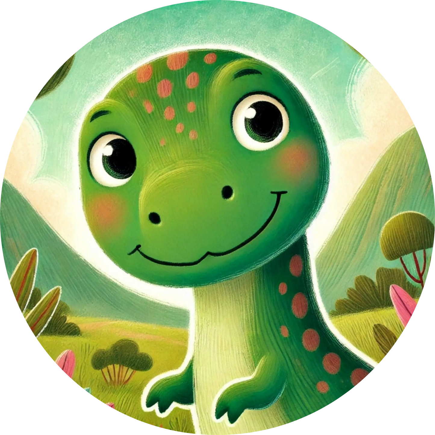 Grüner Dino mit Punkten vor hellem Hintergrund – kindgerecht illustriert