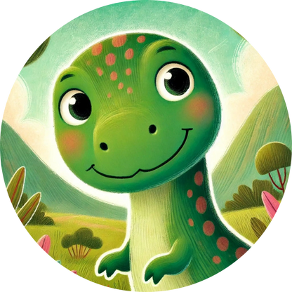 Grüner Dino mit Punkten vor hellem Hintergrund – kindgerecht illustriert