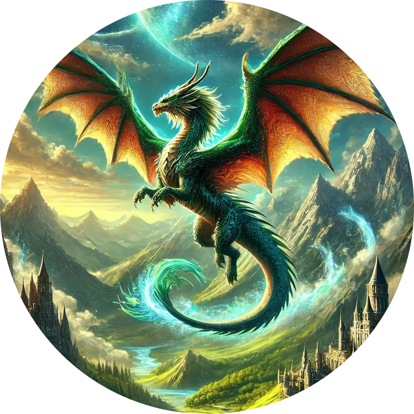  Drache mit grünen Flügeln in Fantasylandschaft