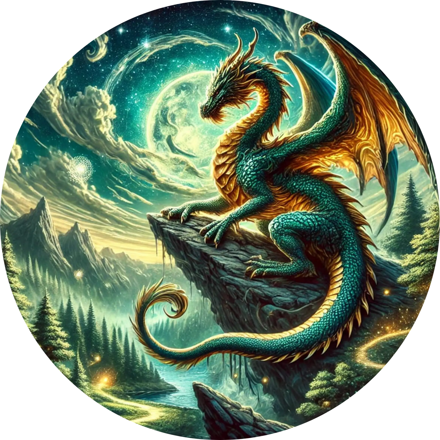 Grüner Drache mit leuchtenden Augen auf Felsvorsprung – leicht schlangenhaft