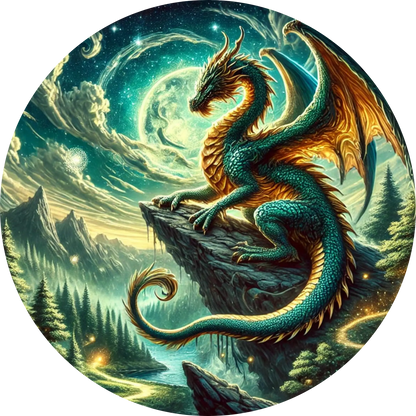 Grüner Drache mit leuchtenden Augen auf Felsvorsprung – leicht schlangenhaft