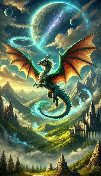 Grüner Drache im goldenen Licht mit ausgebreiteten Flügeln – Ein strahlender, grünlich-goldener Drache breitet majestätisch seine Flügel in einer dramatischen Himmelsszenerie aus.