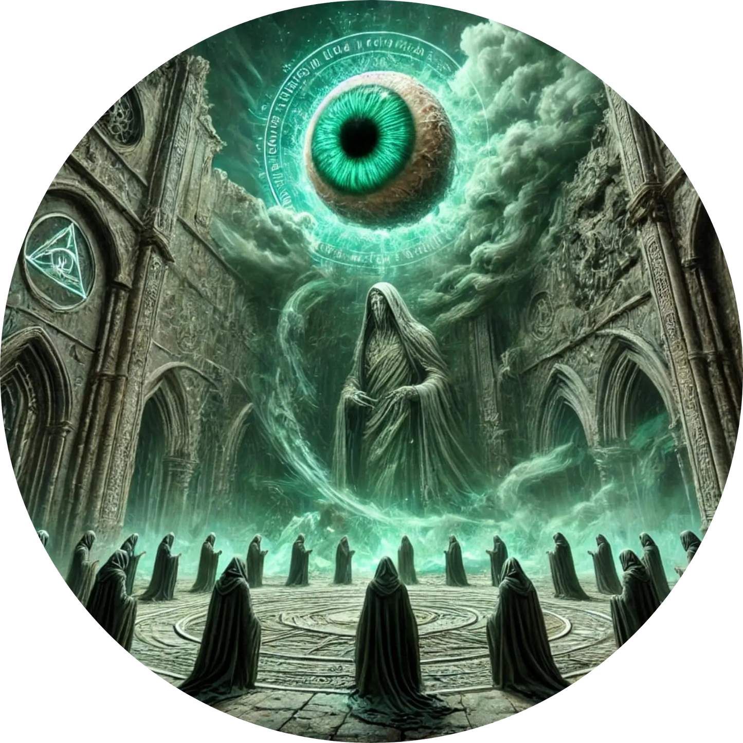 Gruppe dunkler Gestalten unter riesigem, grün leuchtendem Auge am Himmel