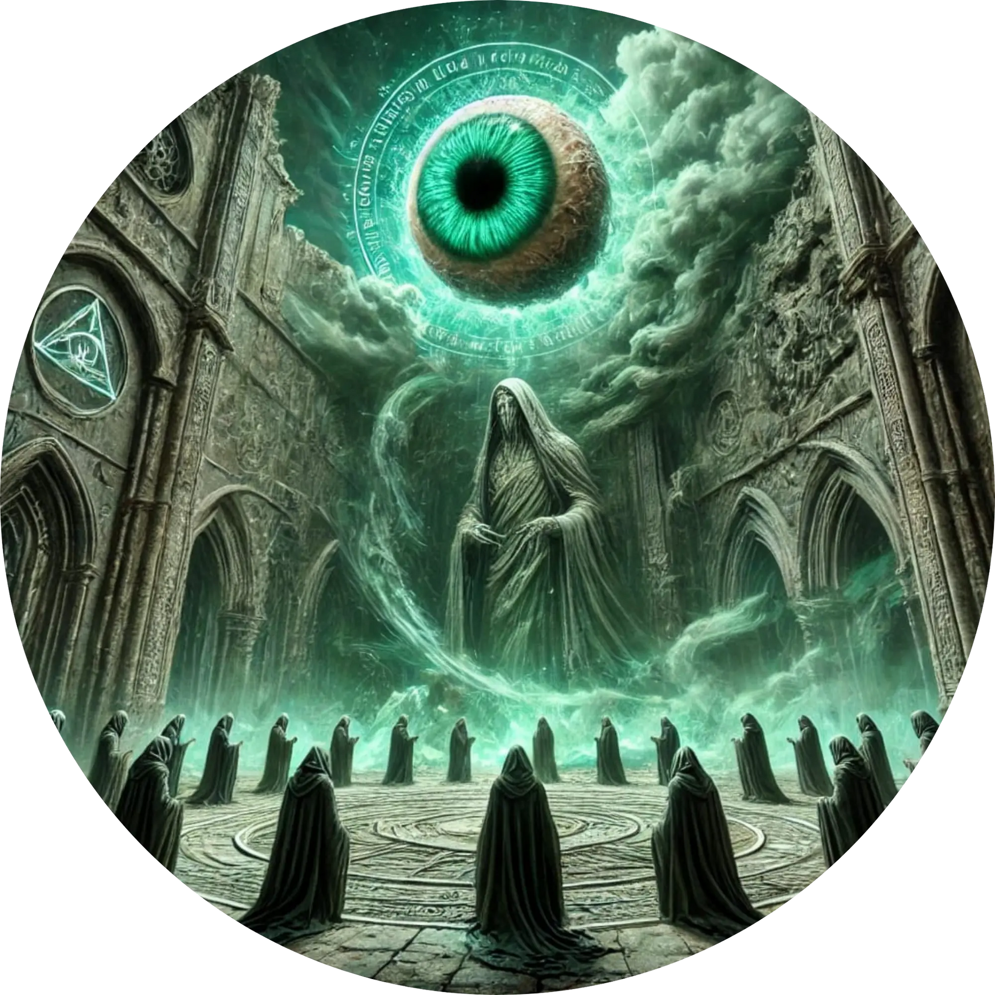 Gruppe dunkler Gestalten unter riesigem, grün leuchtendem Auge am Himmel