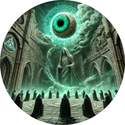 Gruppe dunkler Gestalten unter riesigem, grün leuchtendem Auge am Himmel