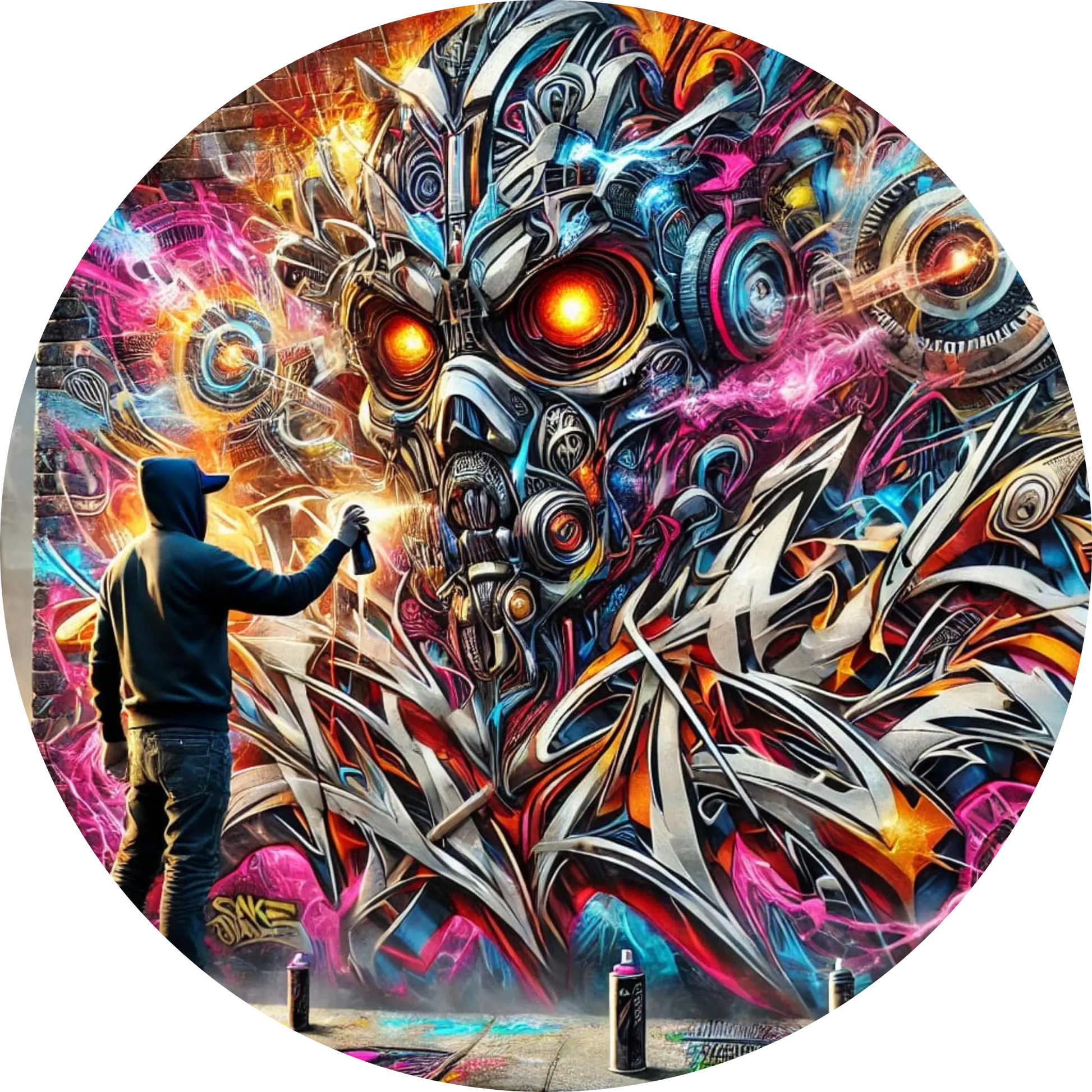 Farbenfrohes Sci-Fi-Wandgemälde mit futuristischem Roboter