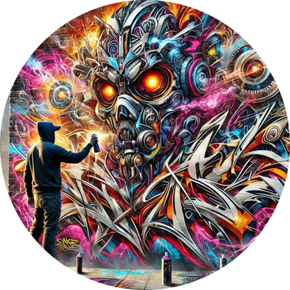Farbenfrohes Sci-Fi-Wandgemälde mit futuristischem Roboter