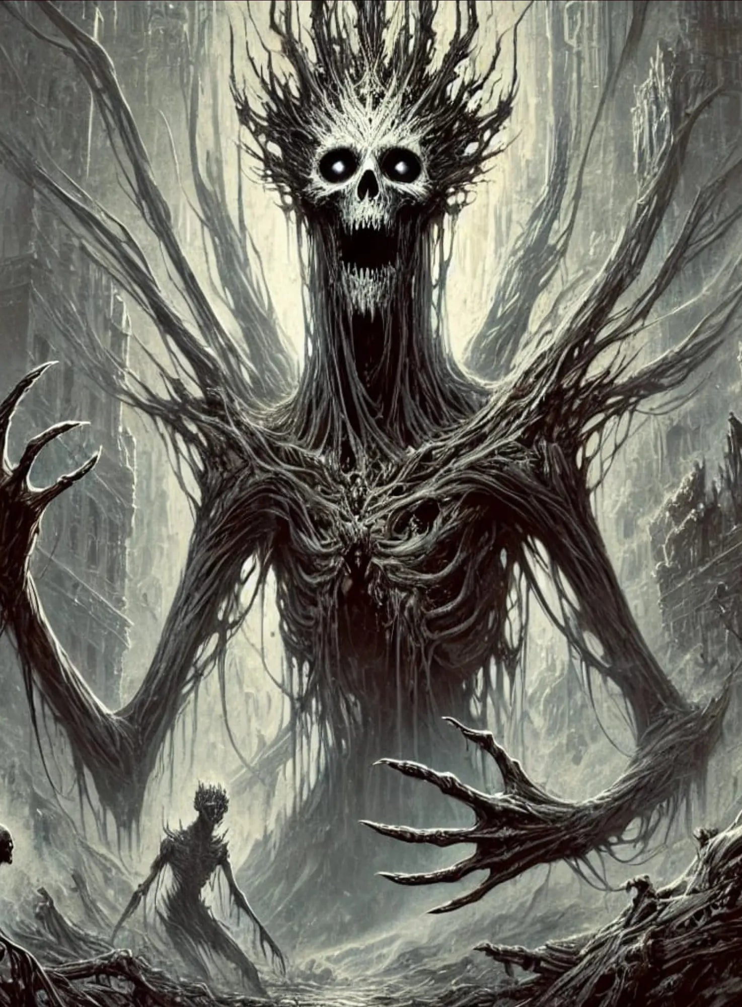 Unnatürliches Wesen mit Tentakelarmen in dunkler Umgebung – Cthulhu-inspiriert und kosmisch gruselig.