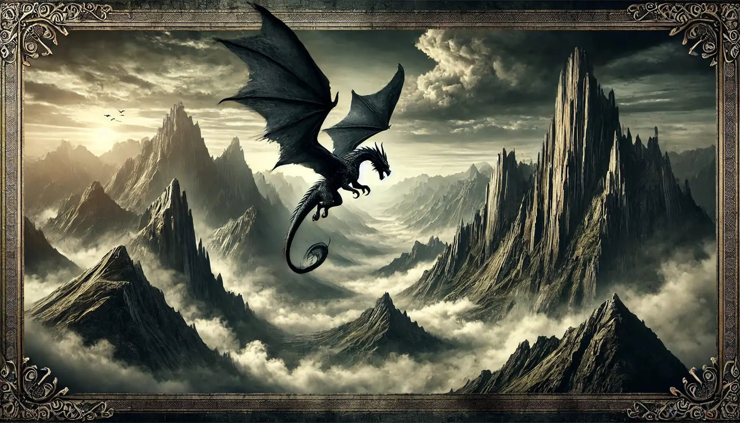 Drache in grauer Gebirgslandschaft – Ein dunkler, schuppiger Drache breitet seine Flügel über zerklüfteten Felsen aus.