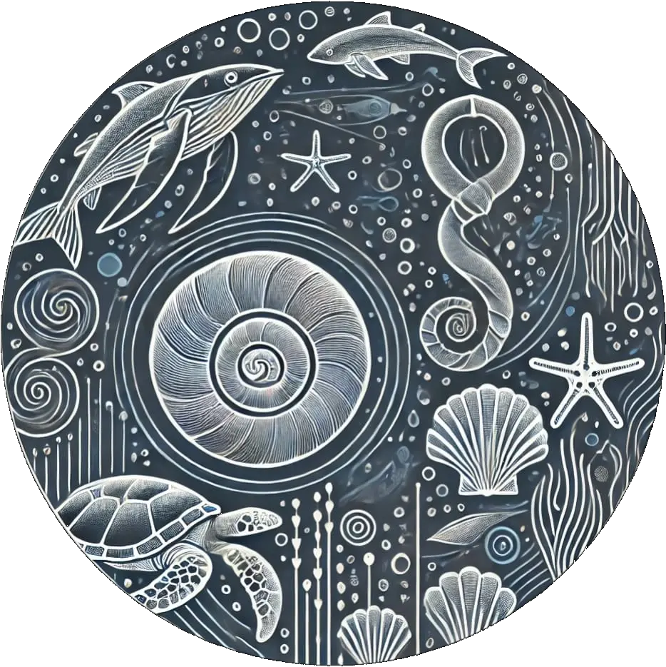 Ornamentales Motiv in Grautönen mit Muscheln, Spirale und Sternen