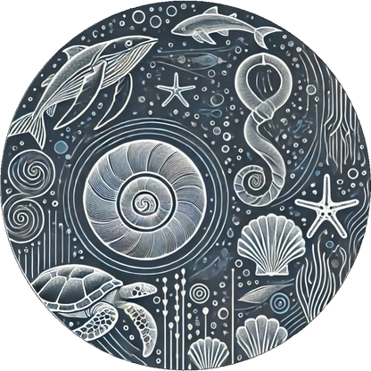 Ornamentales Motiv in Grautönen mit Muscheln, Spirale und Sternen