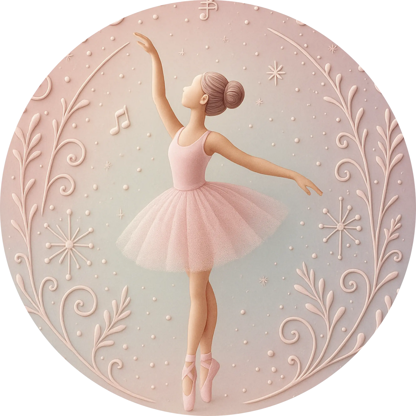 Graziöse Tänzerin in pastellfarbenem Kleid auf gemustertem Hintergrund – stilisiert und zart