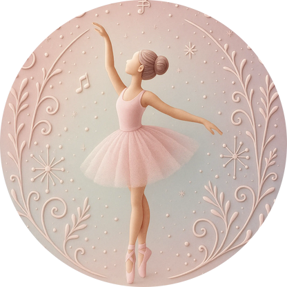 Graziöse Tänzerin in pastellfarbenem Kleid auf gemustertem Hintergrund – stilisiert und zart