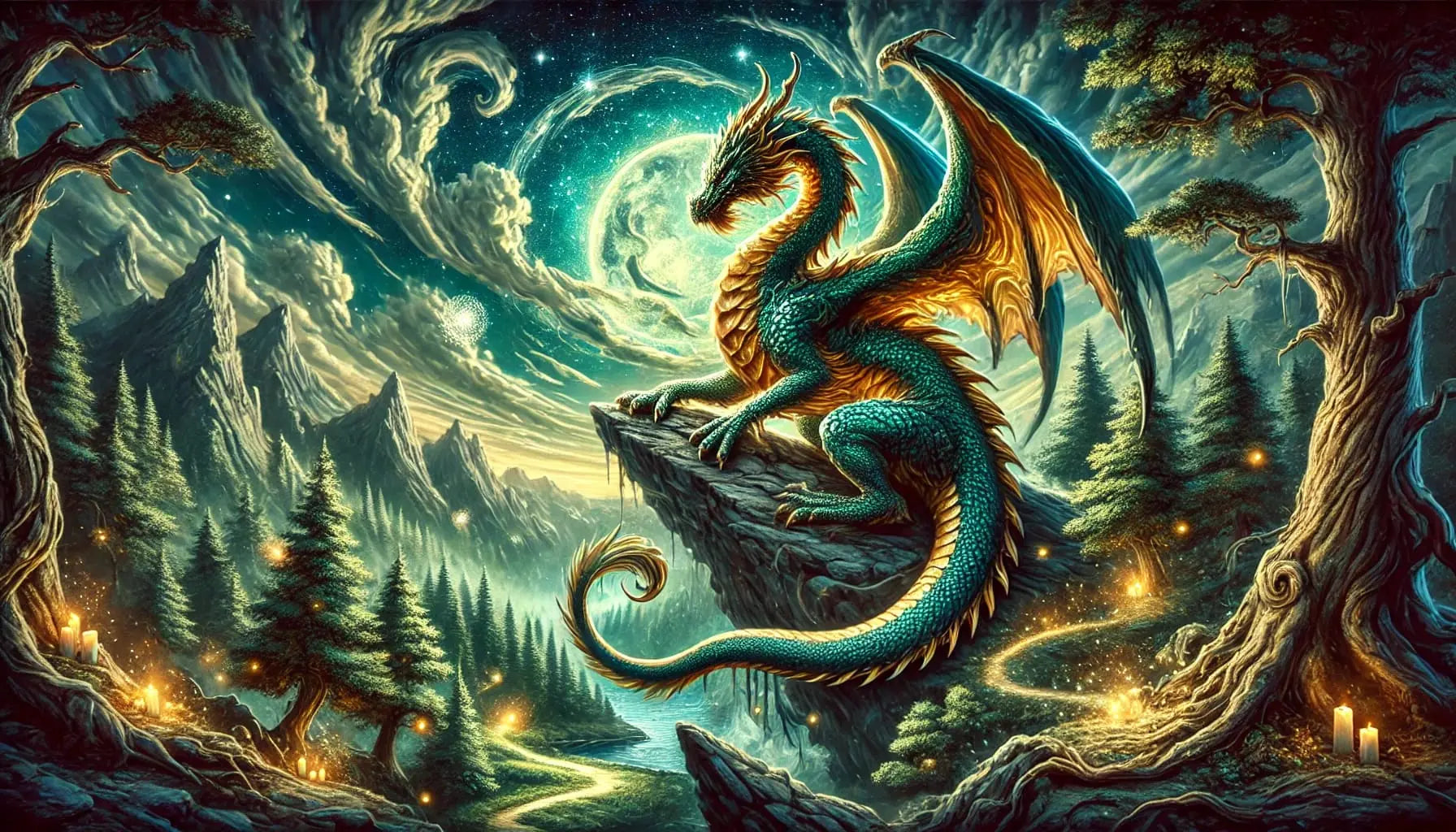 Zwei Drachen verschlungen in einem epischen Luftkampf, umgeben von Rauch und Licht