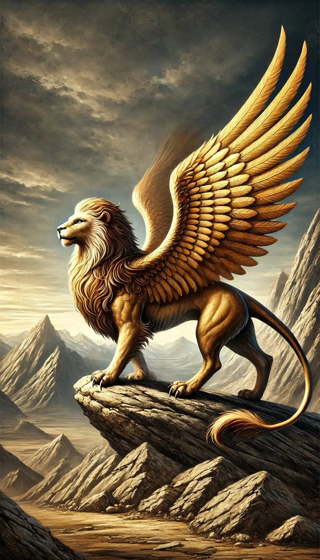 Greif mit goldenen Flügeln – Ein majestätischer Greif mit glänzenden Flügeln steht stolz vor altem Tempelhintergrund.