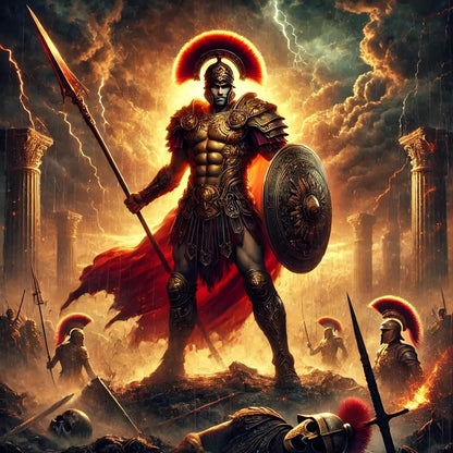 Griechischer Held mit Schild und Speer vor brennender Stadt – Darstellung eines antiken Kriegers.