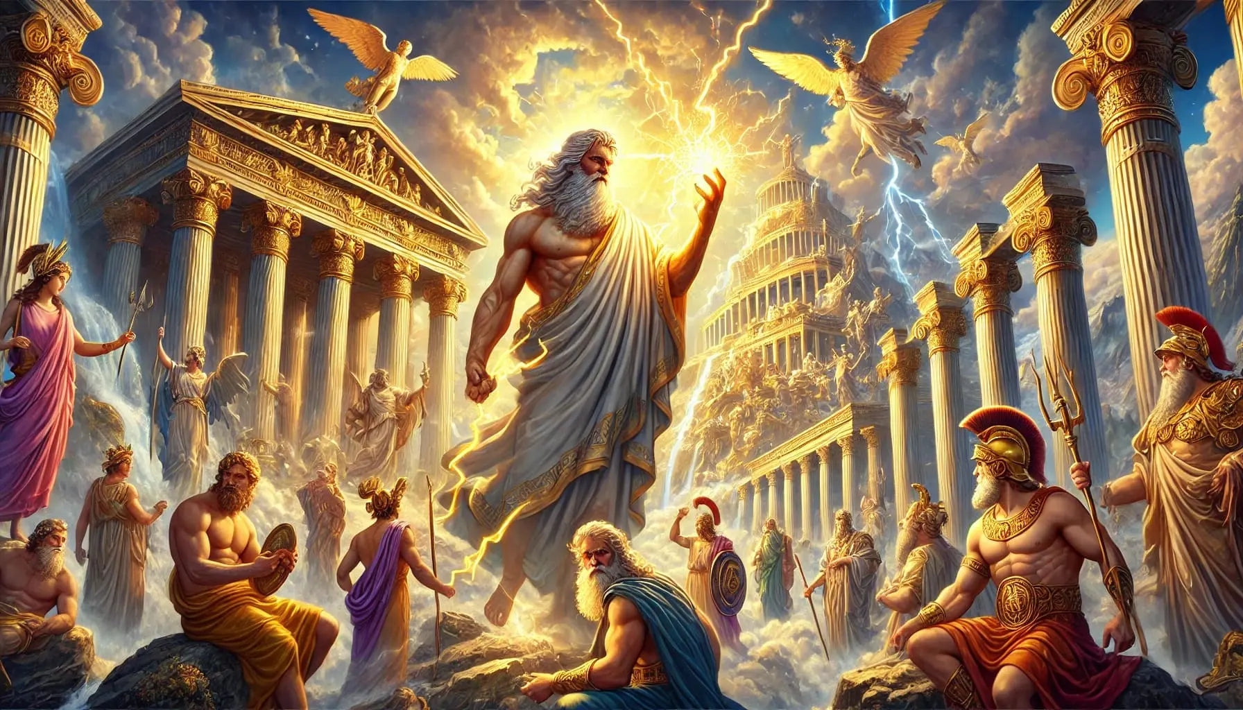 Dramatische Szene mit Zeus, der Blitze schleudert – Götterversammlung vor dem Olymp.

