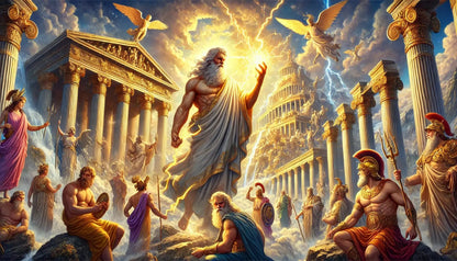 Dramatische Szene mit Zeus, der Blitze schleudert – Götterversammlung vor dem Olymp.

