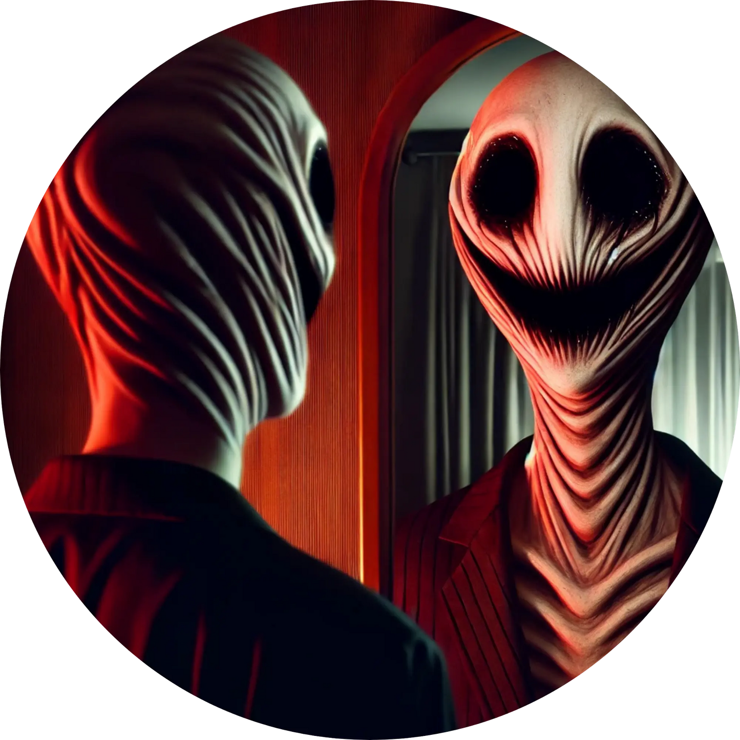 Mensch mit verzerrtem, fast maskenhaftem Grinsen in düsterem Licht