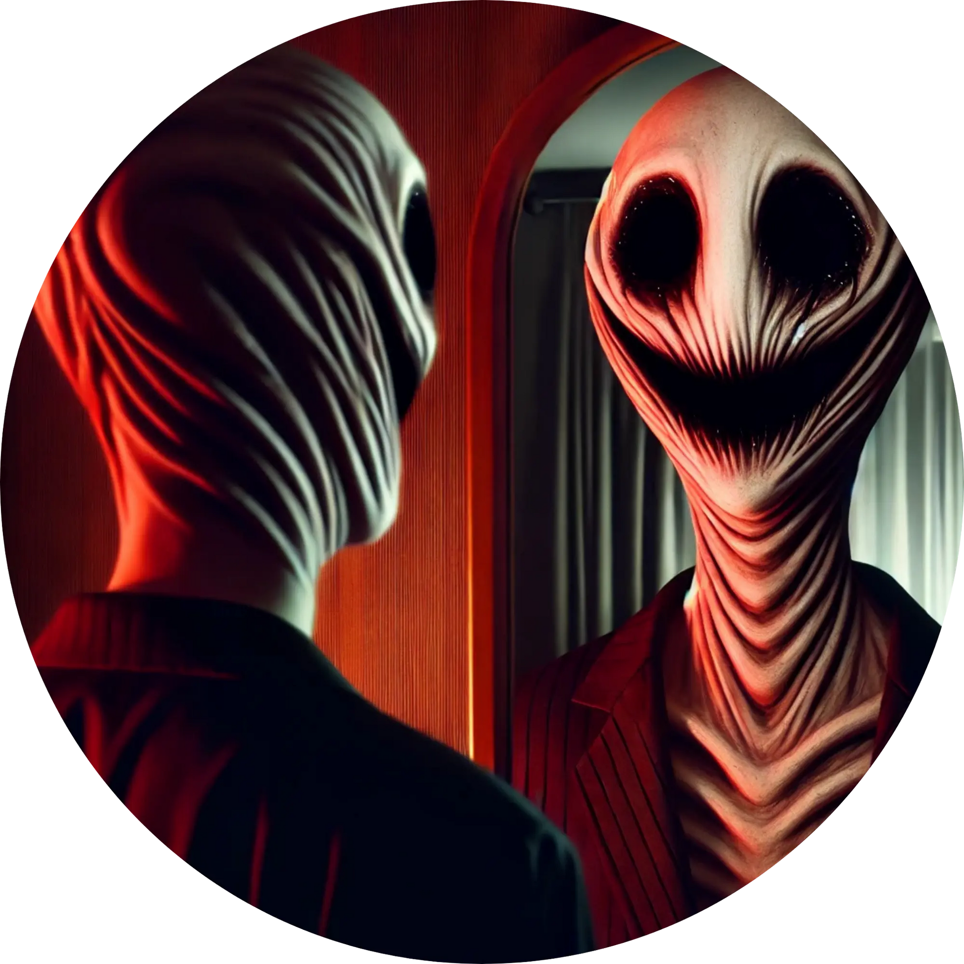 Mensch mit verzerrtem, fast maskenhaftem Grinsen in düsterem Licht