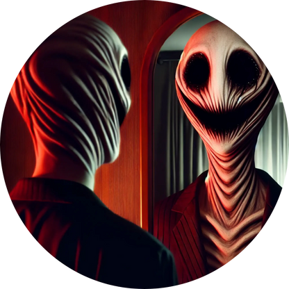 Mensch mit verzerrtem, fast maskenhaftem Grinsen in düsterem Licht