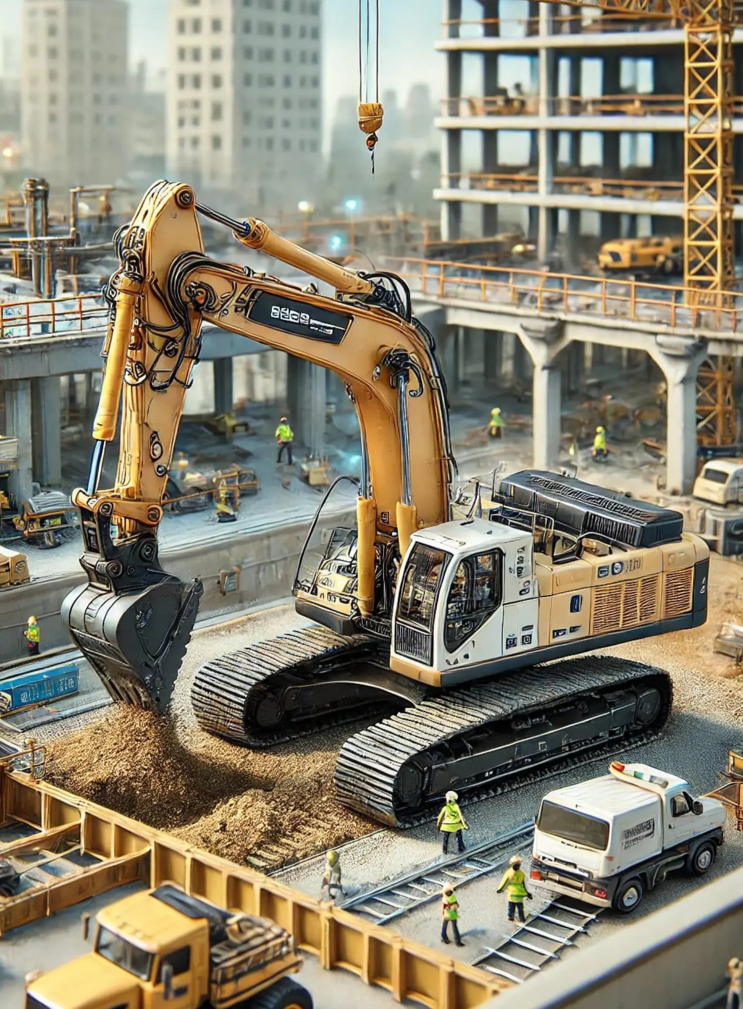 Großer Bagger verlädt Erde in einen Laster auf einer Baustelle.