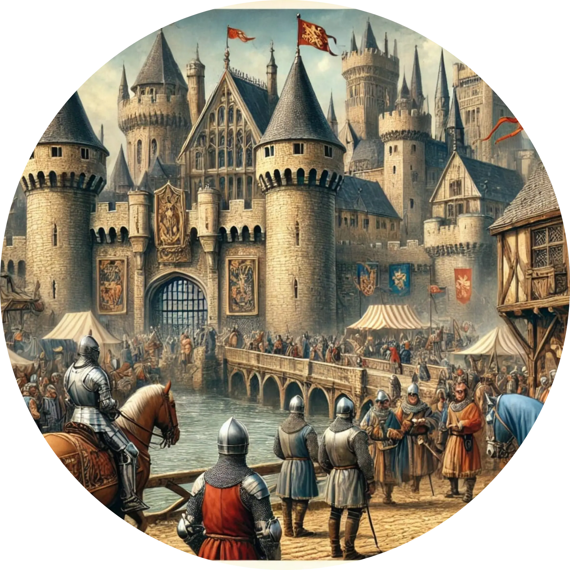 Große Burg mit Soldatenaufmarsch und wehenden Bannern – Szenario einer Festung vor der Schlacht.