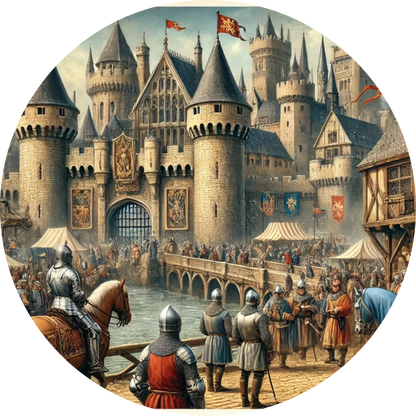 Große Burg mit Soldatenaufmarsch und wehenden Bannern – Szenario einer Festung vor der Schlacht.