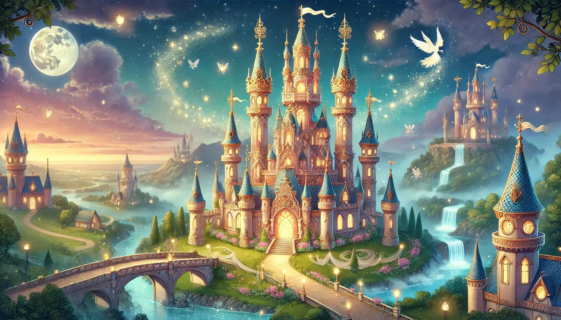 Ein großes Schloss mit spitzen Türmen steht am Horizont, dahinter ein sternenklarer Himmel mit fliegenden Elfen.