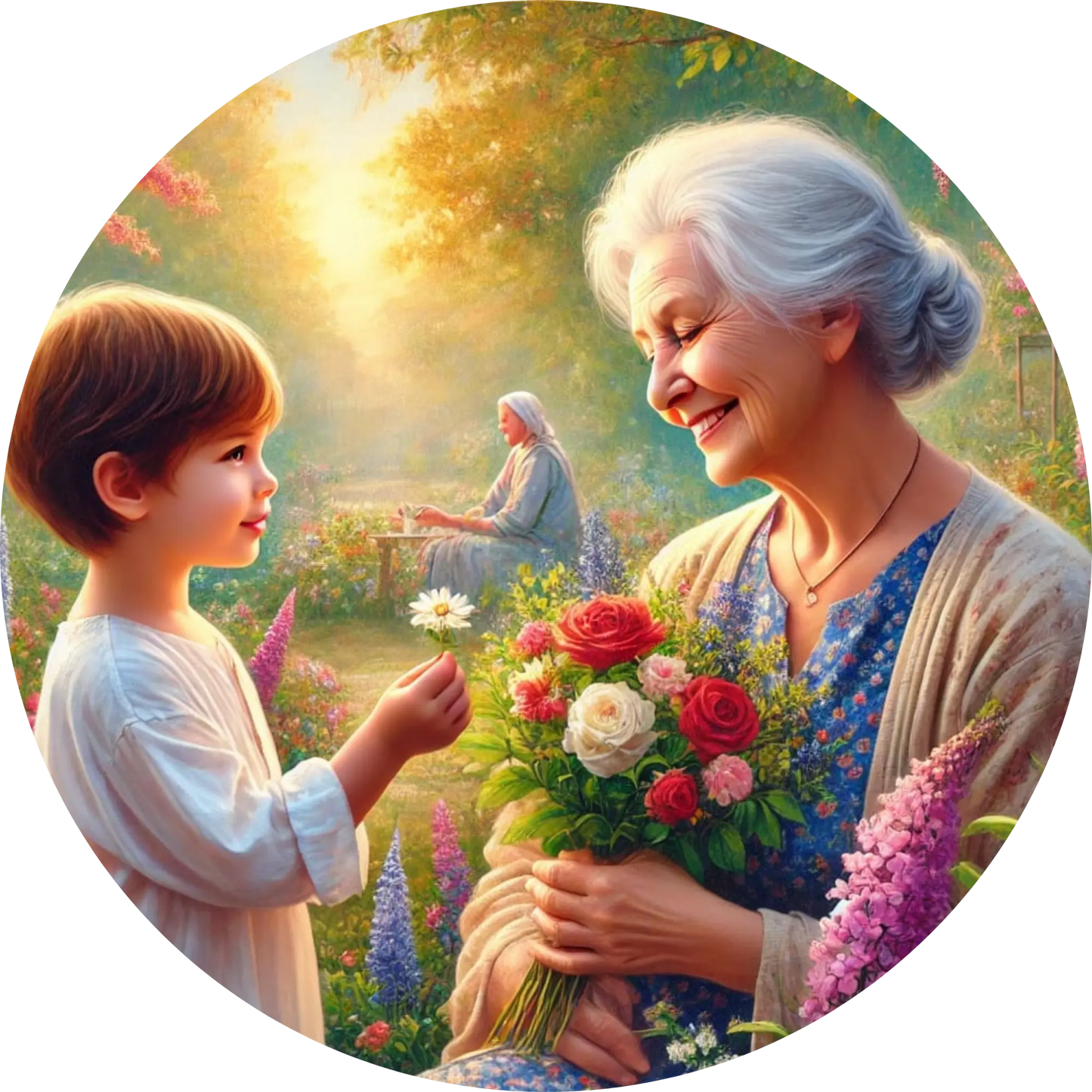 Kind überreicht älterer Frau einen Blumenstrauß – Großmutter-Enkel-Motiv.