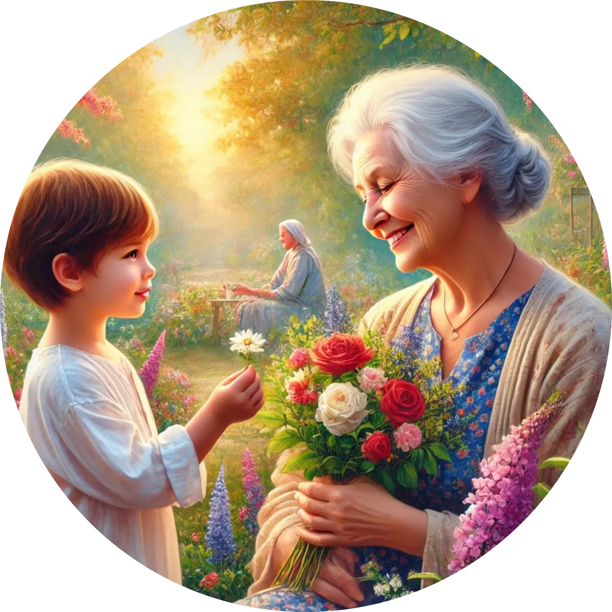 Kind überreicht älterer Frau einen Blumenstrauß – Großmutter-Enkel-Motiv.