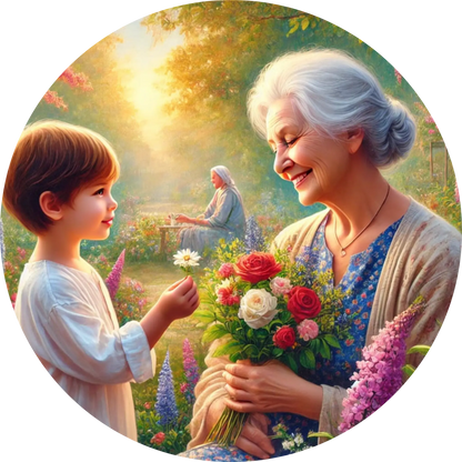Kind überreicht älterer Frau einen Blumenstrauß – Großmutter-Enkel-Motiv.