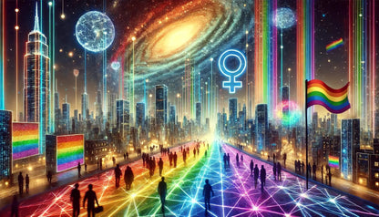 Nächtliche Großstadtszene mit leuchtendem Regenbogenboulevard, queere Sichtbarkeit in urbanem Leben – futuristische Atmosphäre.