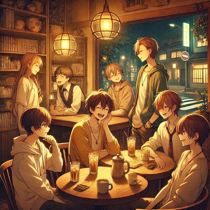 Abendliches Café mit Manga-Schülergruppe beim Plausch in warmem Licht.