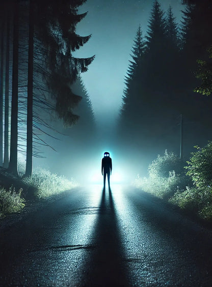Allein stehende Person auf verlassener Straße, umgeben von dunklem Wald und dichtem Nebel – düstere Mystery-Atmosphäre