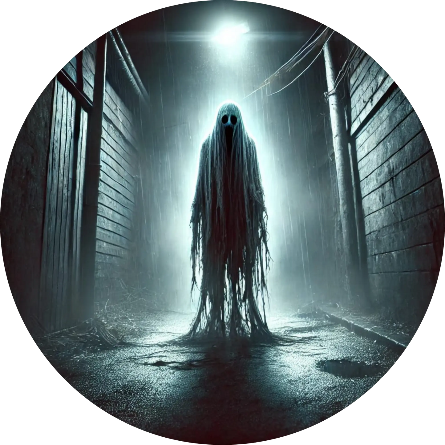 Dunkle, neblige Silhouette mit leuchtenden Augen in leerem Tunnel